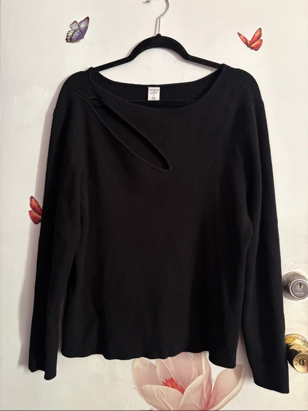 Melrose and Market Black Ribbed Long-Sleeve Top with Shoulder Cutout